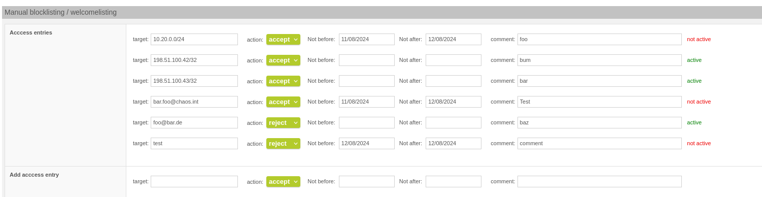 Manual blocklisting / welcomelisting with validity period