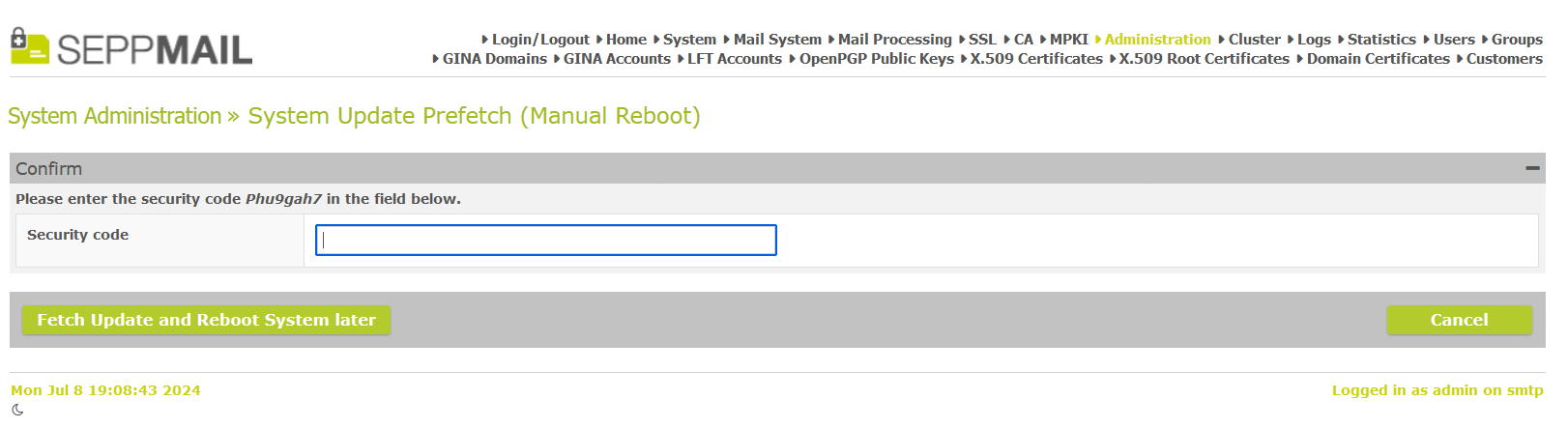 Confirmation code for system update prefetch