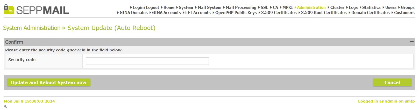Confirmation code for system update prefetch