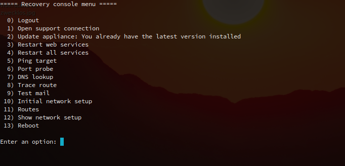 Recovery console menu