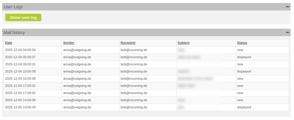 Mail history of GINA User