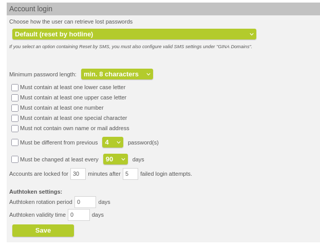 Authtoken settings