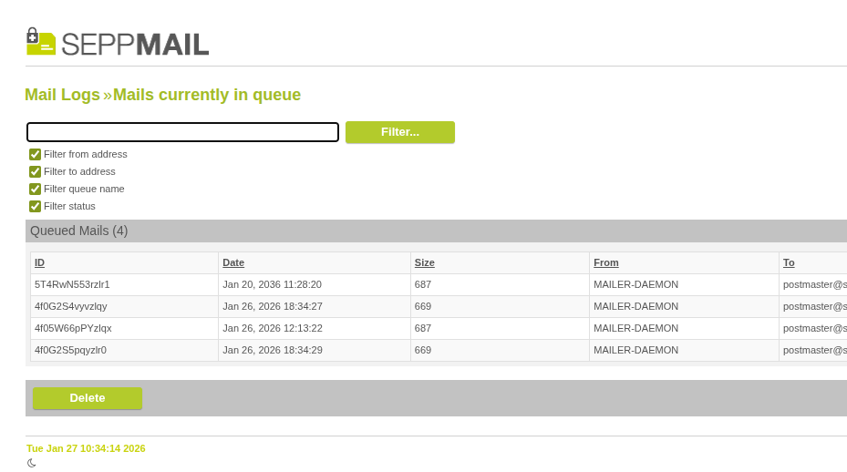Filters for Mails currently in queue