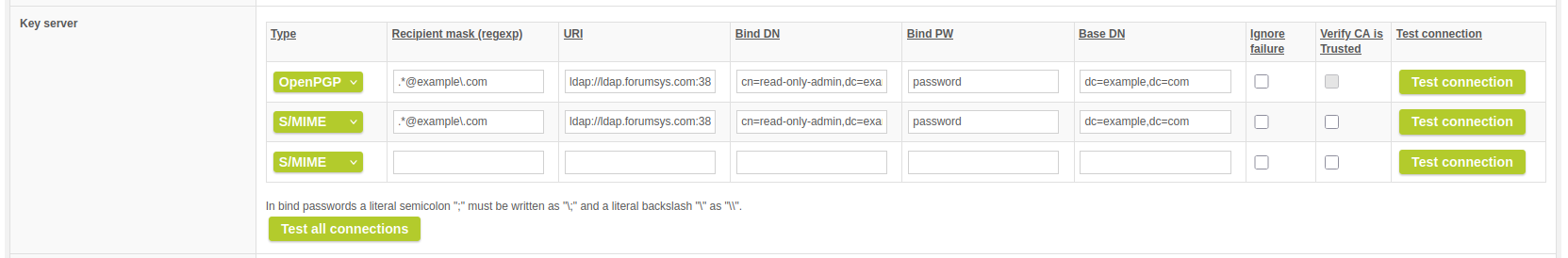 Key Server Test connection(s)