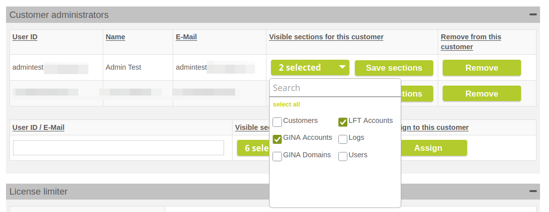 Edit settings for customer 'customername'