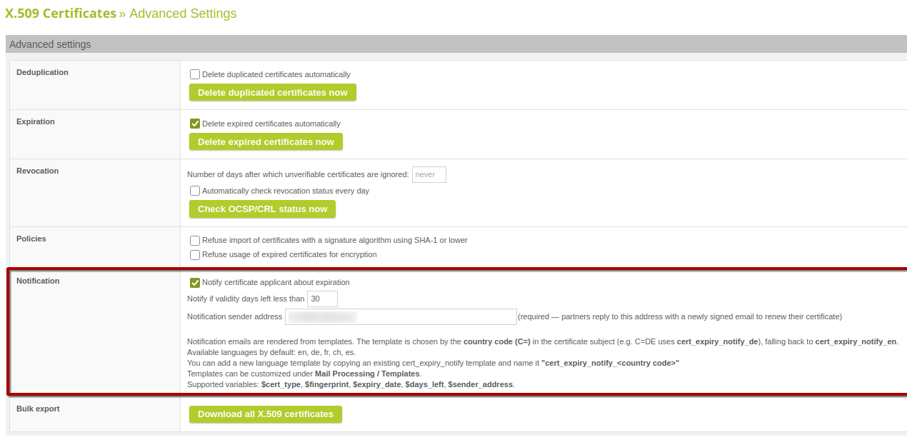 X.509 Certificates > Advanced Settings